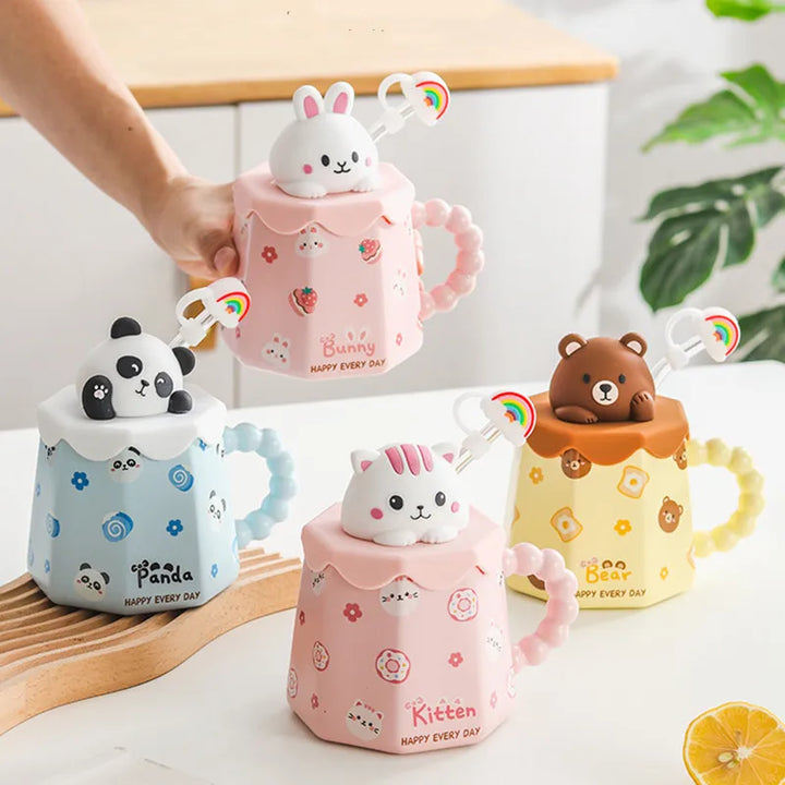 400ml Cartoon Ceramic Mug With Lid and Spoon Creative