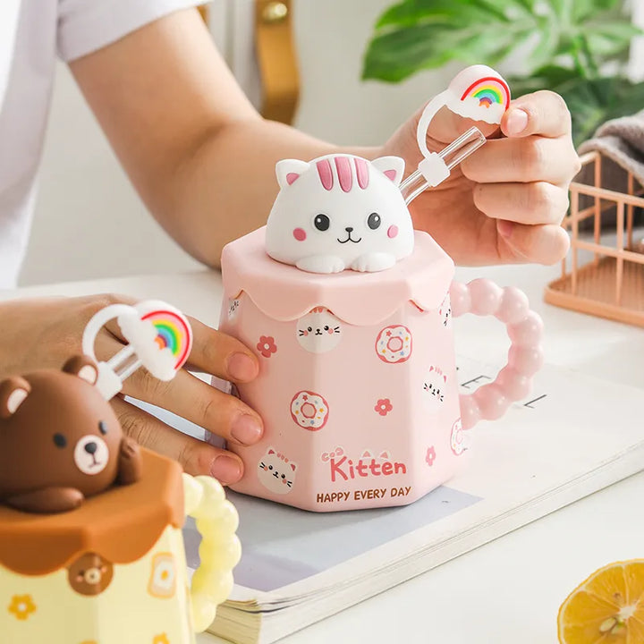 400ml Cartoon Ceramic Mug With Lid and Spoon Creative