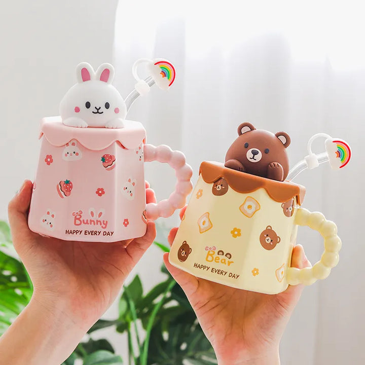 400ml Cartoon Ceramic Mug With Lid and Spoon Creative